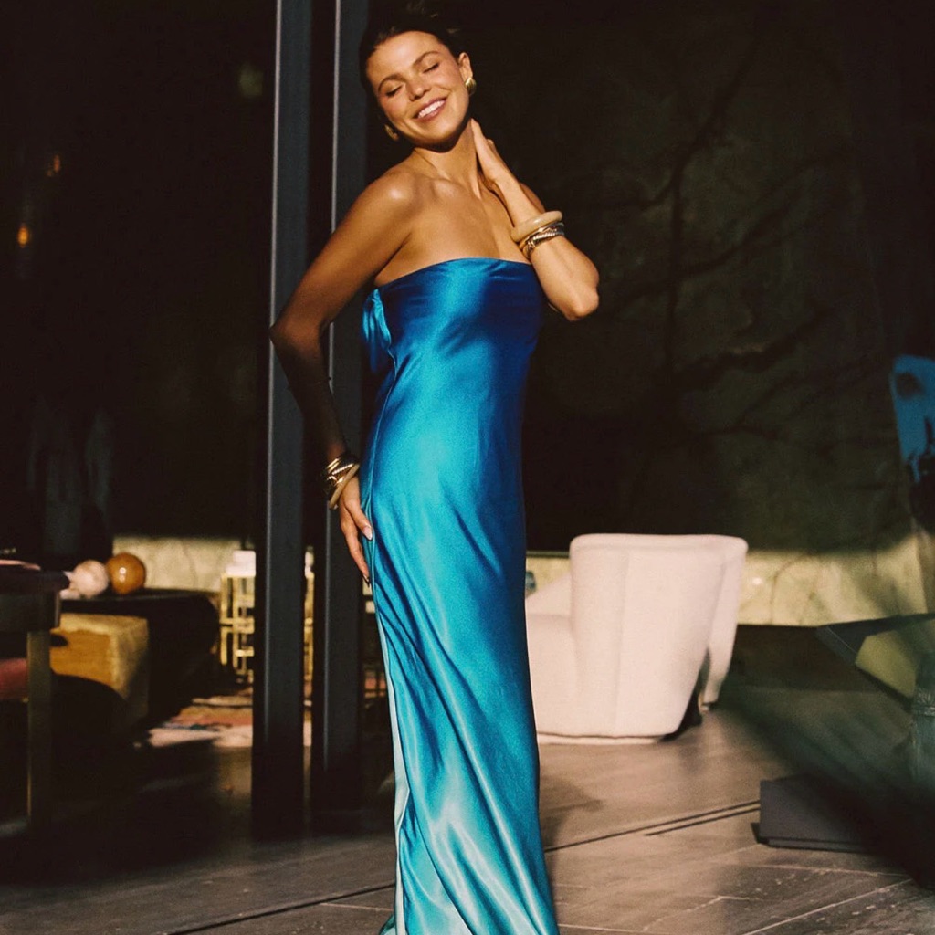 12th Tribe Strapless Satin Gown In Turquoise Blue